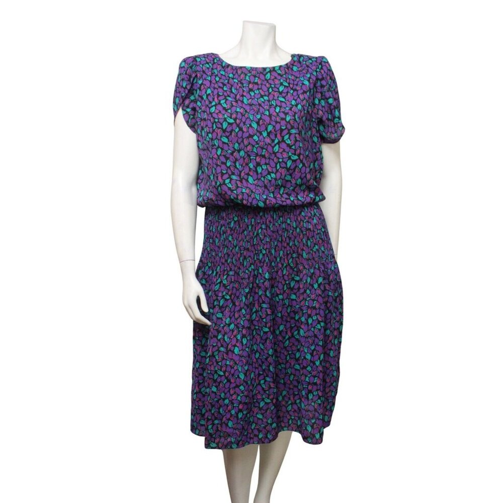 Vintage 80s Purple Floral Print Chiffon Elastic Waist Secretary Dress Size M